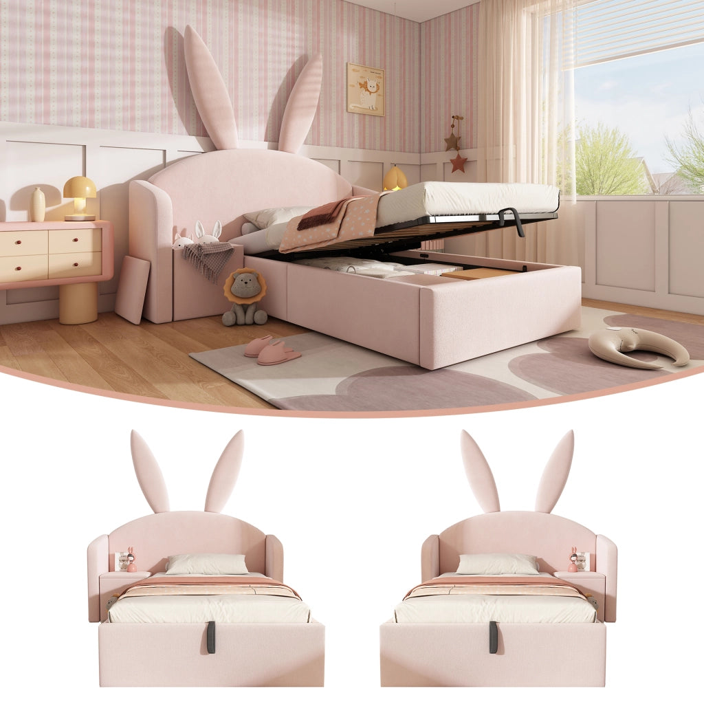 LETTO 90x190 cm in Velluto Rosa con Comodino e Contenitore