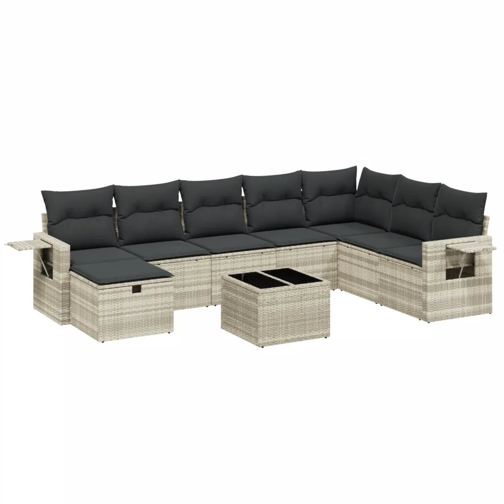 Set Divano da Giardino 9pz con Cuscini Grigio Chiaro Polyrattan