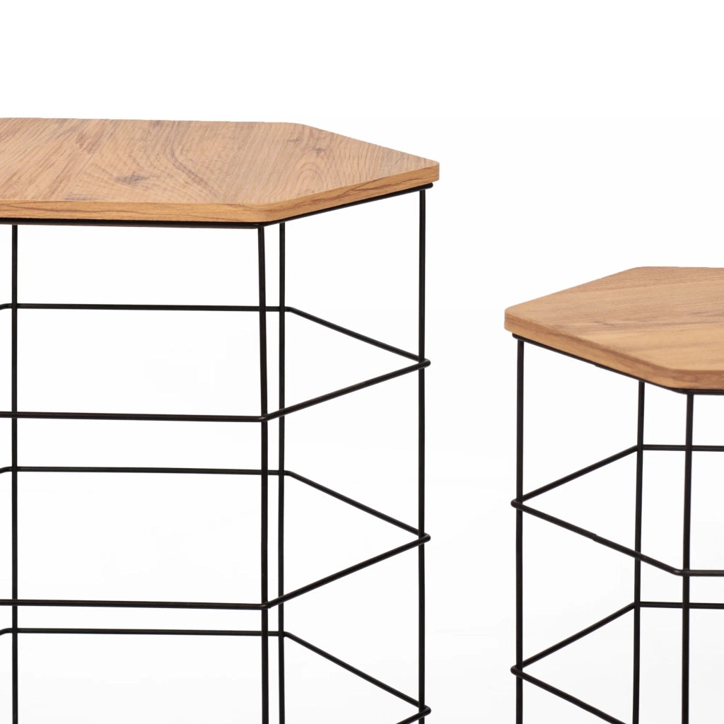 Set di 2 cestini hørsholm in metallo con vassoio esagonale estraibile nero / effetto legno 03_0008549