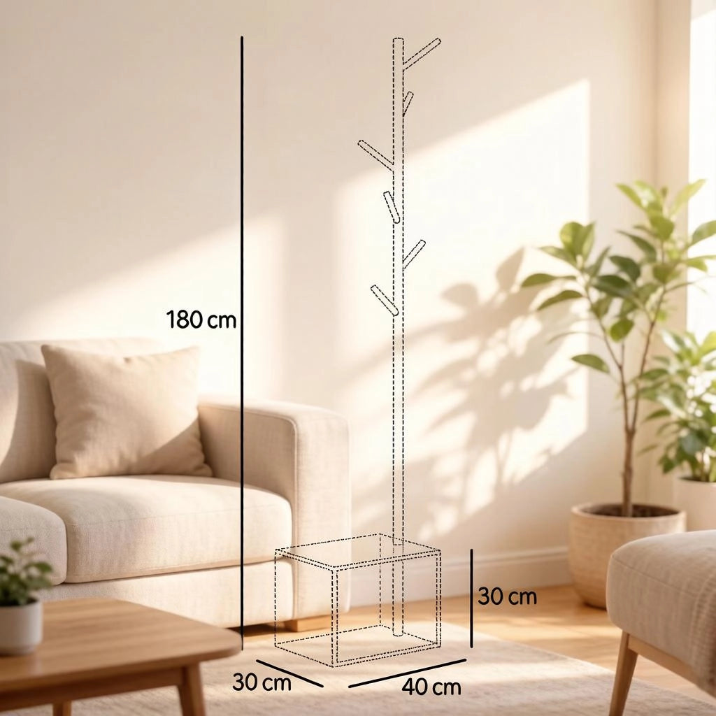 Mobile ingresso con 6 ganci e panca; in MDF e bambù; 40×30×180 cm