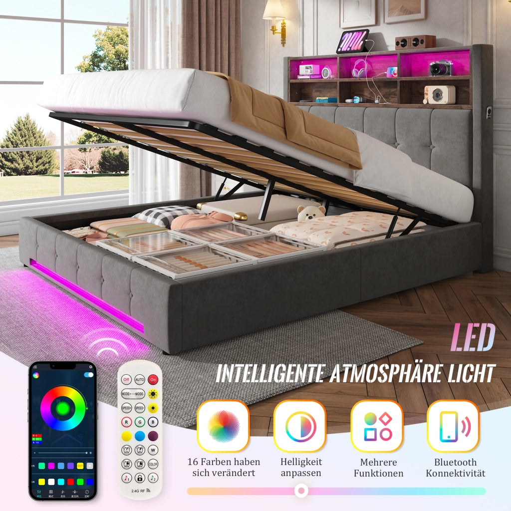 DESMIU Letto contenitore 160 × 200 cm 2 posti con USB-C, LED, 6 scomparti, senza materasso, in velluto grigio scuro