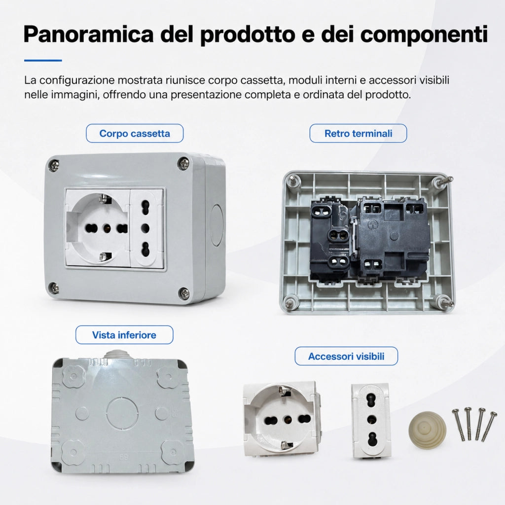 Cassetta Elettrica IP40 con Presa Schuko e Bipasso 10/16A