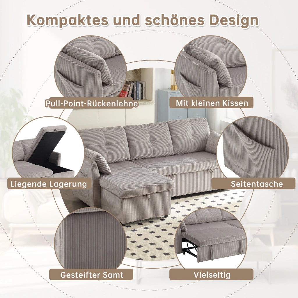 Divano Letto Angolare Reversibile con Contenitore, Corduroy, Grigio Chiaro