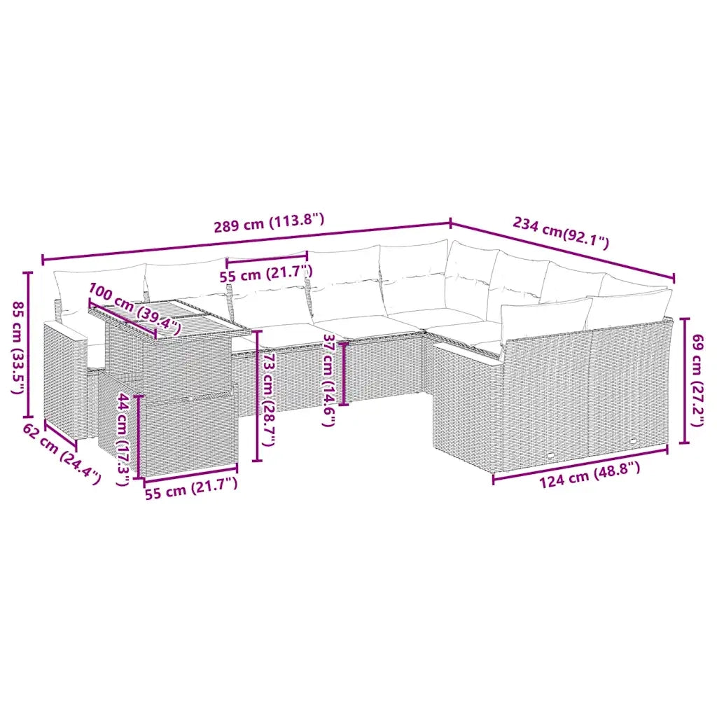 Set Divano da Giardino 10 pz con Cuscini Grigio in Polyrattan 3273244