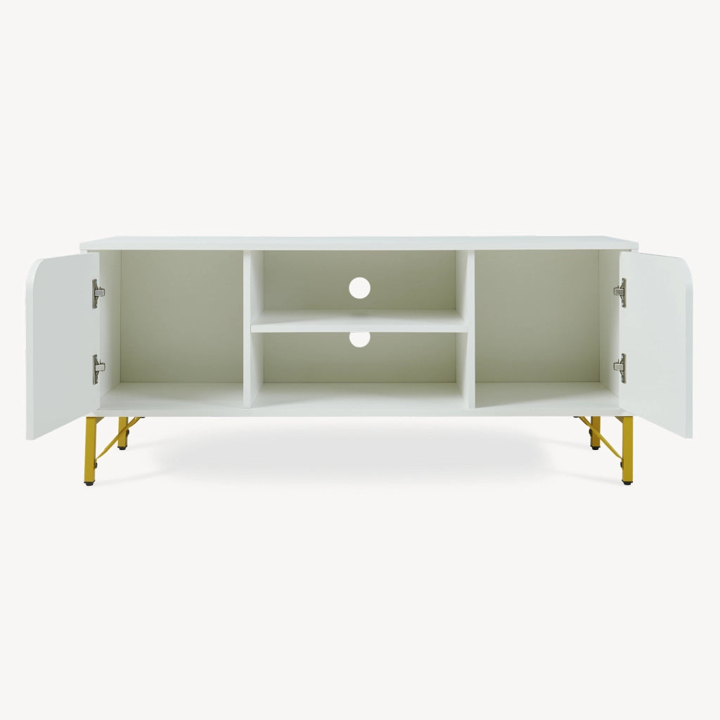 Mobile Porta TV Reyri a 2 Ante e 2 Vani Aperti 120 x 39 x 52 cm - Bianco/Dorato [en.casa]