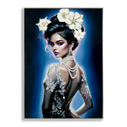 Dipinto su tela Isabel B dama con perle e fiori bianchi, 72x102 cm