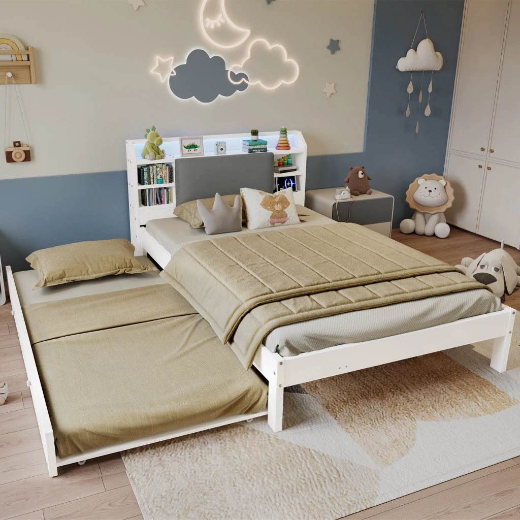 DESMIU Lit simple 120 × 200 cm con letto estraibile 90 × 190 cm, LED, ripiano e ricarica, senza materasso, bianco