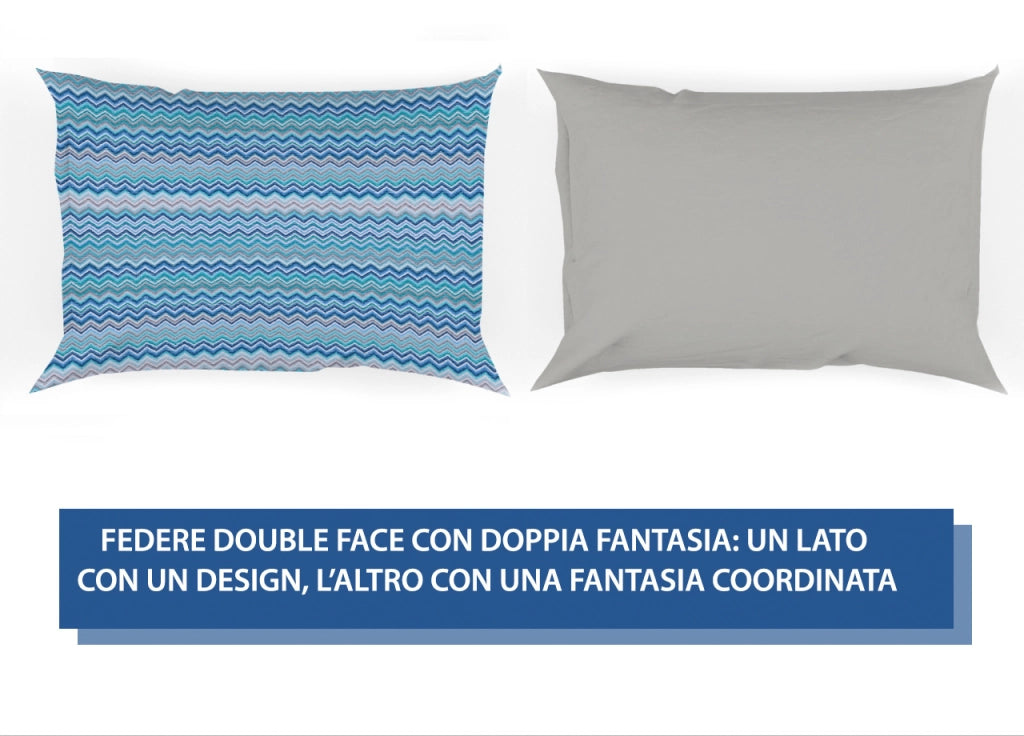 Copripiumino Sacco Piumone In 100% Cotone Disegno Rigato Zig Zag Baia - Matrimoniale - Azzurro