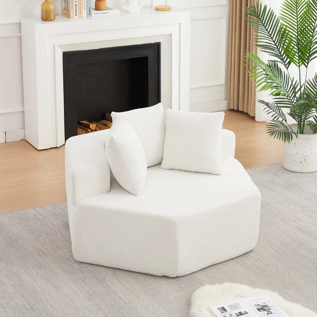 Poltrona lounge singola esagonale modulare in chenille beige con 3 cuscini