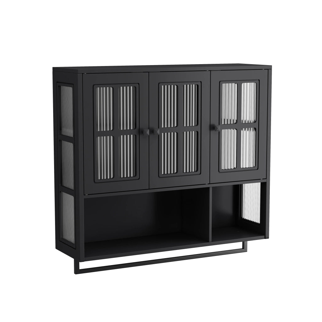 Mobile pensile da bagno moderno a 3 ante in MDF e vetro temperato, nero, con portasciugamani e ripiani regolabili