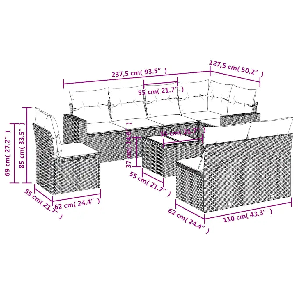 Set Divani da Giardino 9pz con Cuscini Marrone in Polyrattan