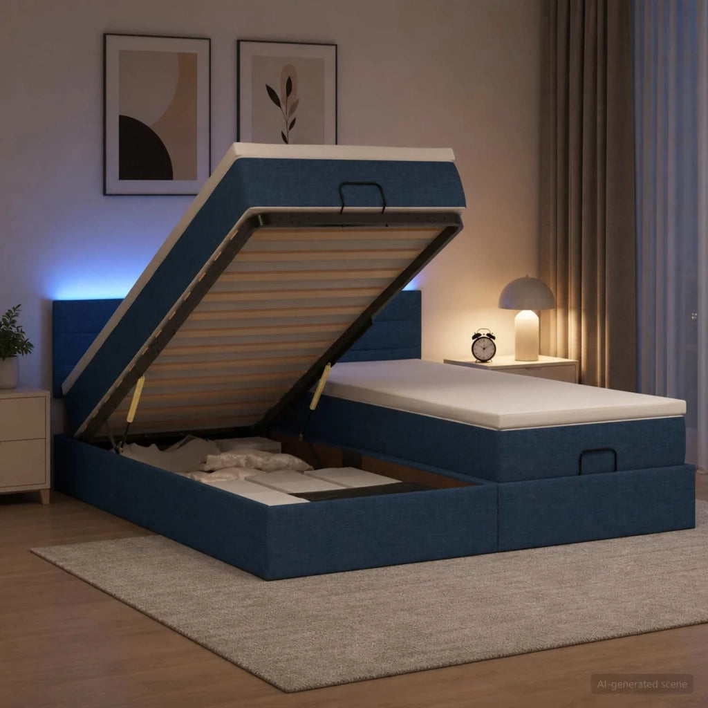 Letto Ottomano con Materasso e LED Blu 180 x 200 cm Tessuto 3457258