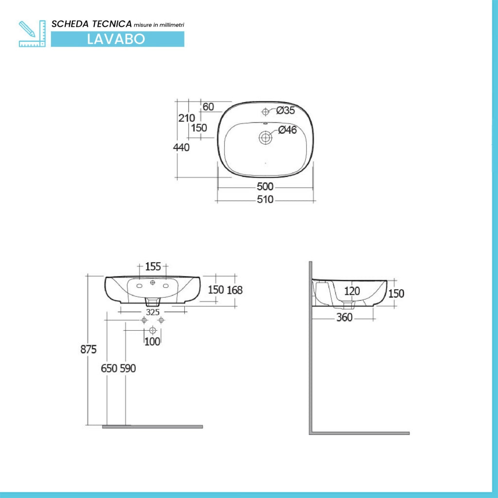 Lavabo ovale 50 cm d’appoggio bianco in ceramica Rak Illusion