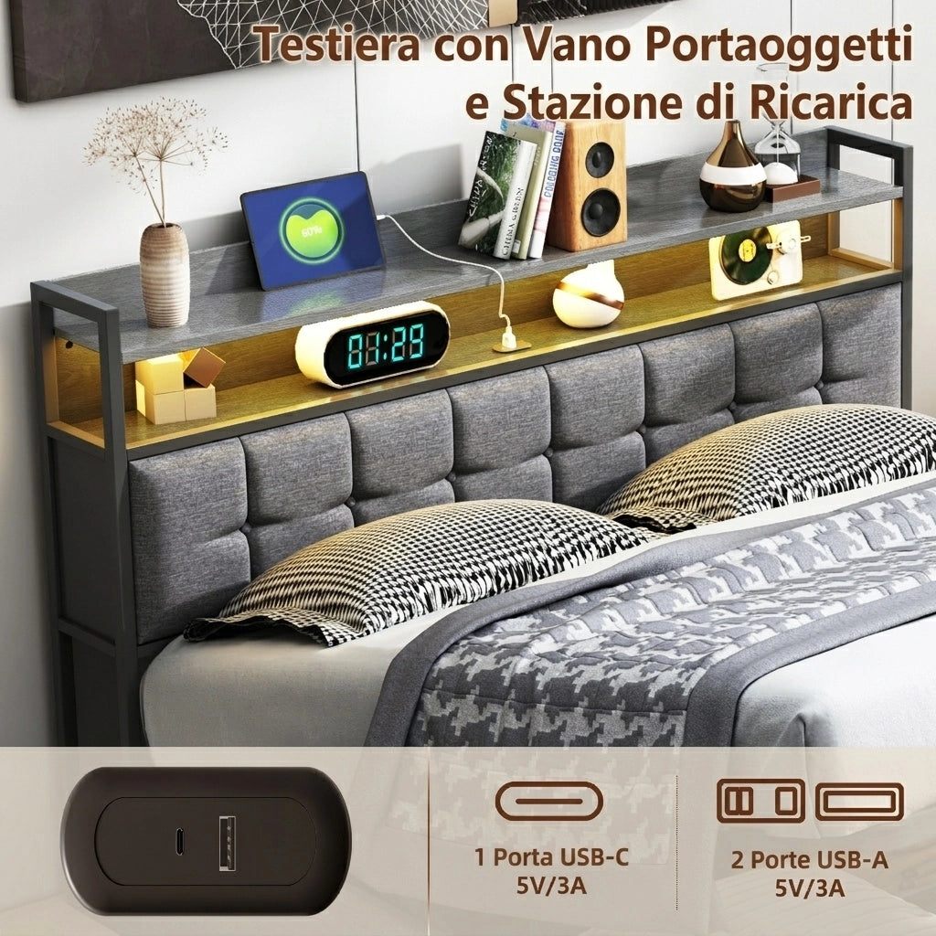 Letto matrimoniale 140x200 cm con contenitore LED USB testiera struttura letto MDF e PU - grigio