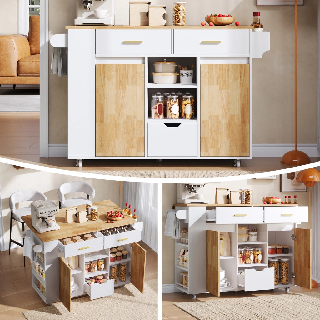 Carrello da cucina con 3 cassetti; piano ribaltabile; ripiani laterali e ruote con freno per cucina