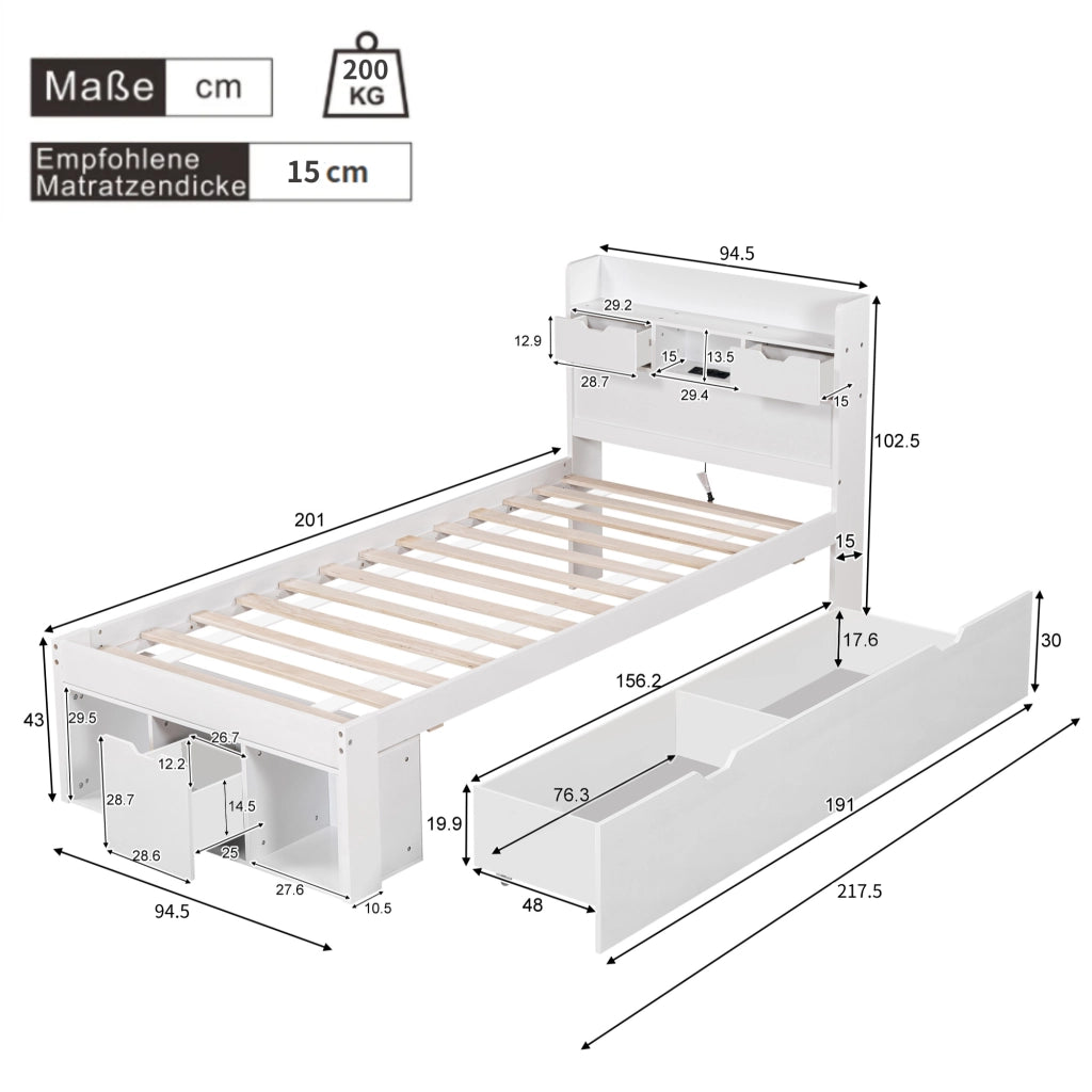 LETTO 90x200 cm Bianco con USB, Type-C, cassetti e vani contenitore