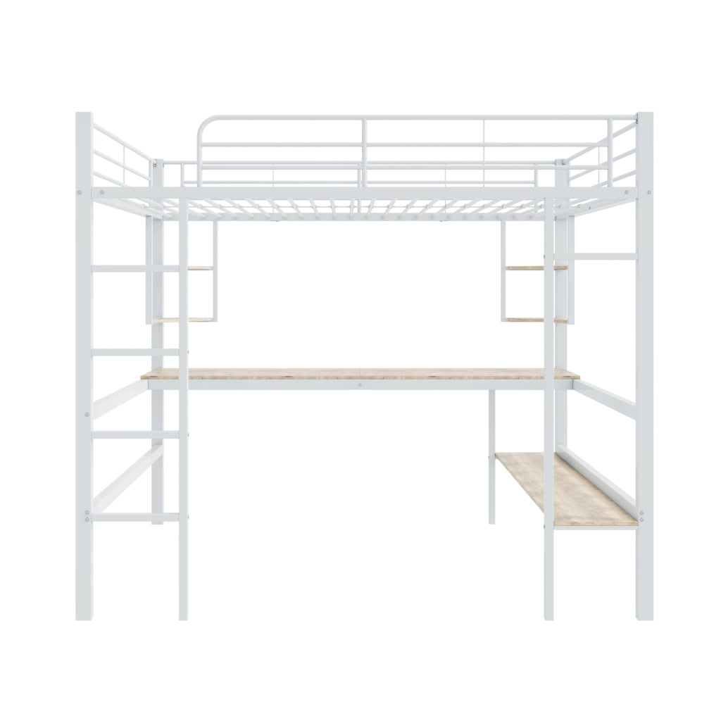 Letto a castello bianco in metallo con scrivania e scaffali 140x200 cm