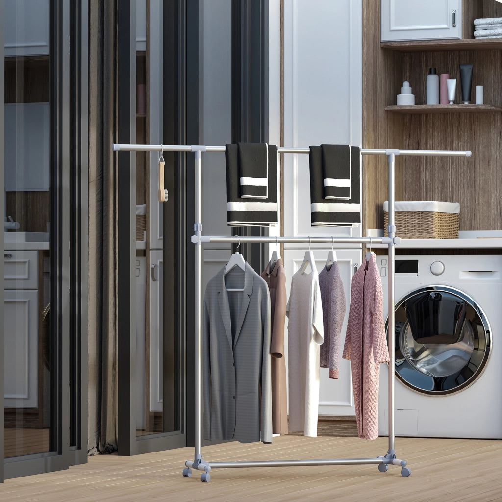 Stender Appendiabiti con Altezza ed Estensione Regolabili, 4 Ruote Girevoli, Acciaio Inox e ABS, 165x48x180cm