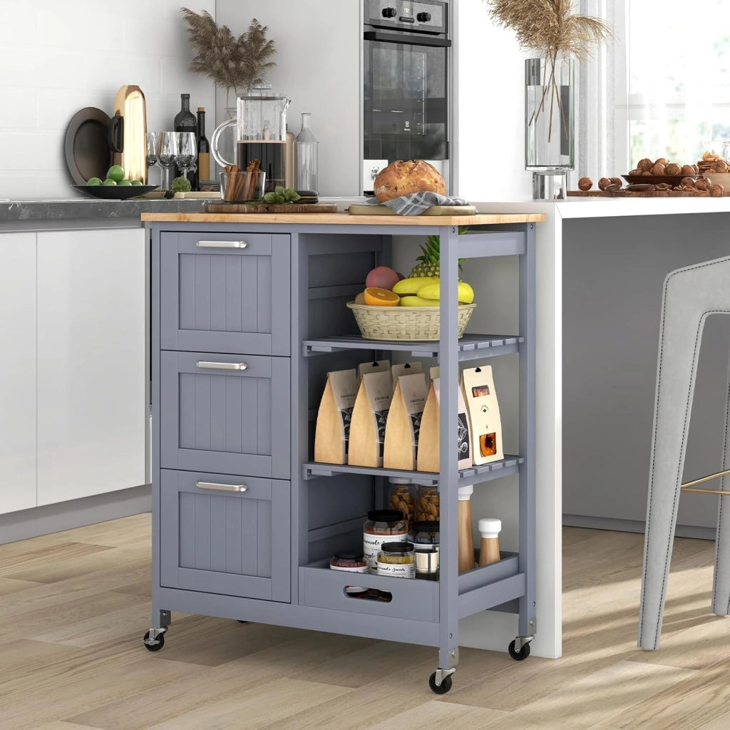 Carrello da Cucina con Ruote, Credenza Cucina con 4 Ripiani e 3 Cassetti, in Legno, Ideale per Cucina Ristorante e Bar, 67 x 37 x 83,5 cm (Grigio)