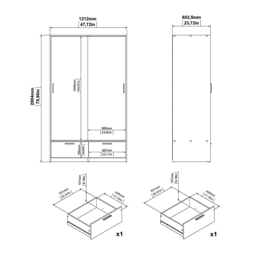 Guardaroba 2 ante Kammuri, Mobile camera da letto, Cabina armadio portabiti, Armadio appendiabiti, 121x60 h200 cm, Bianco e Rovere