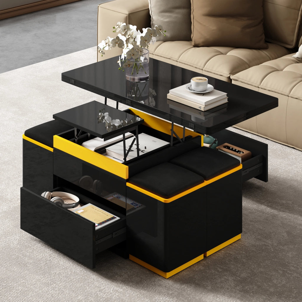 Tavolino da Salotto Sollevabile con 4 Pouf e Contenitore per Soggiorno 100 × 50 × 43 cm