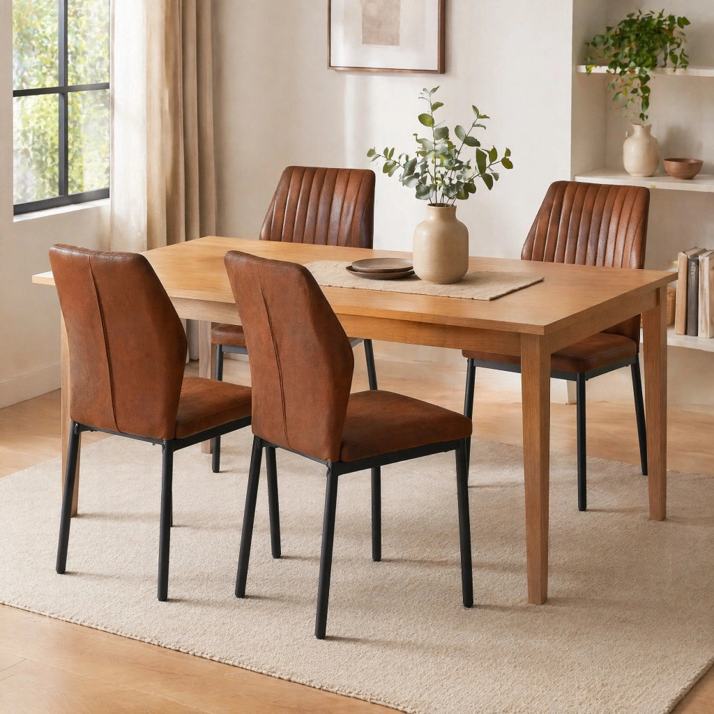 Set di 4 sedie da pranzo in tessuto tech marrone e nero, con gambe in metallo, stile moderno