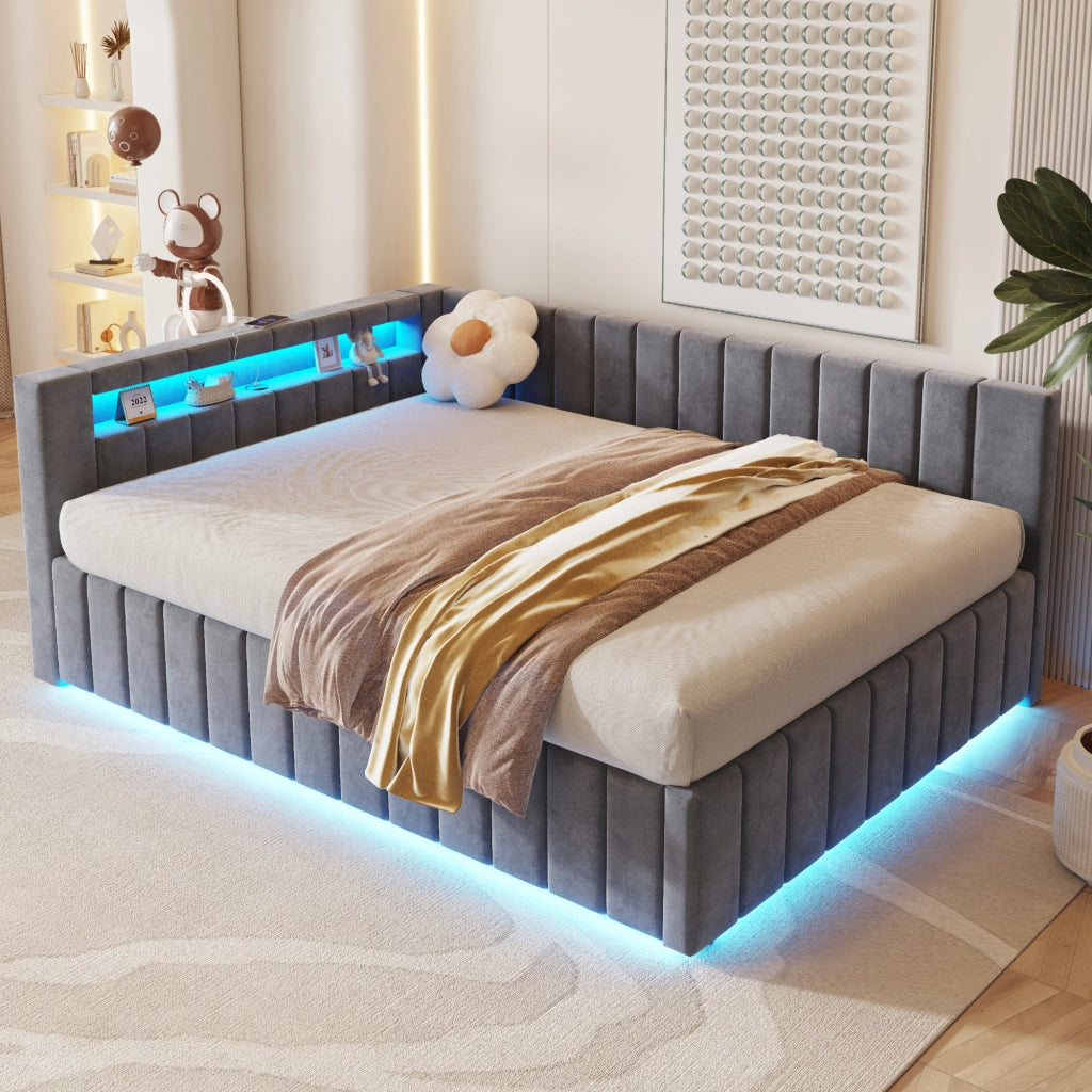 LETTO Contenitore 140x200 cm in velluto grigio con LED e USB