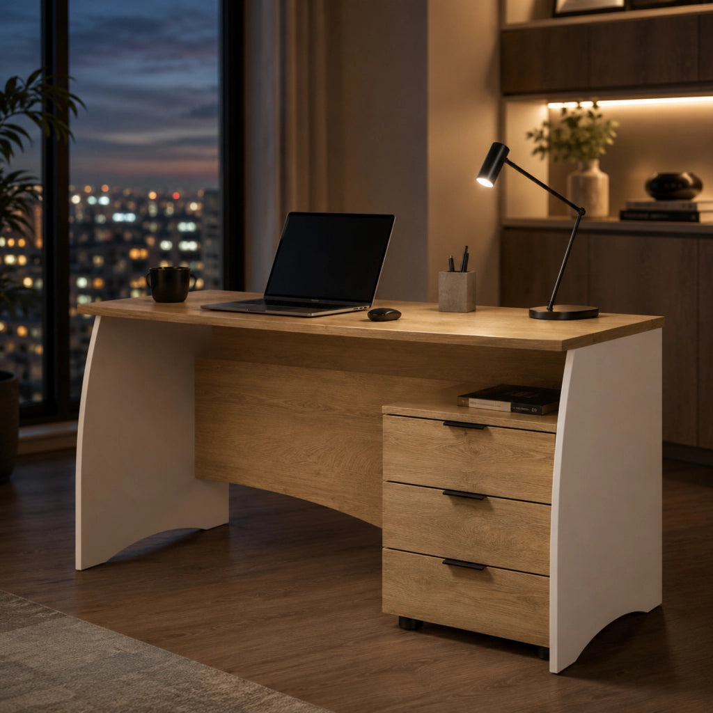 Scrivania Scrittoio Con 3 Cassetti Per Studio Ufficio Mobile Desk Da Soggiorno Sala Da Pranzo 136 X 74 X 67 Cm Bianco E Rovere