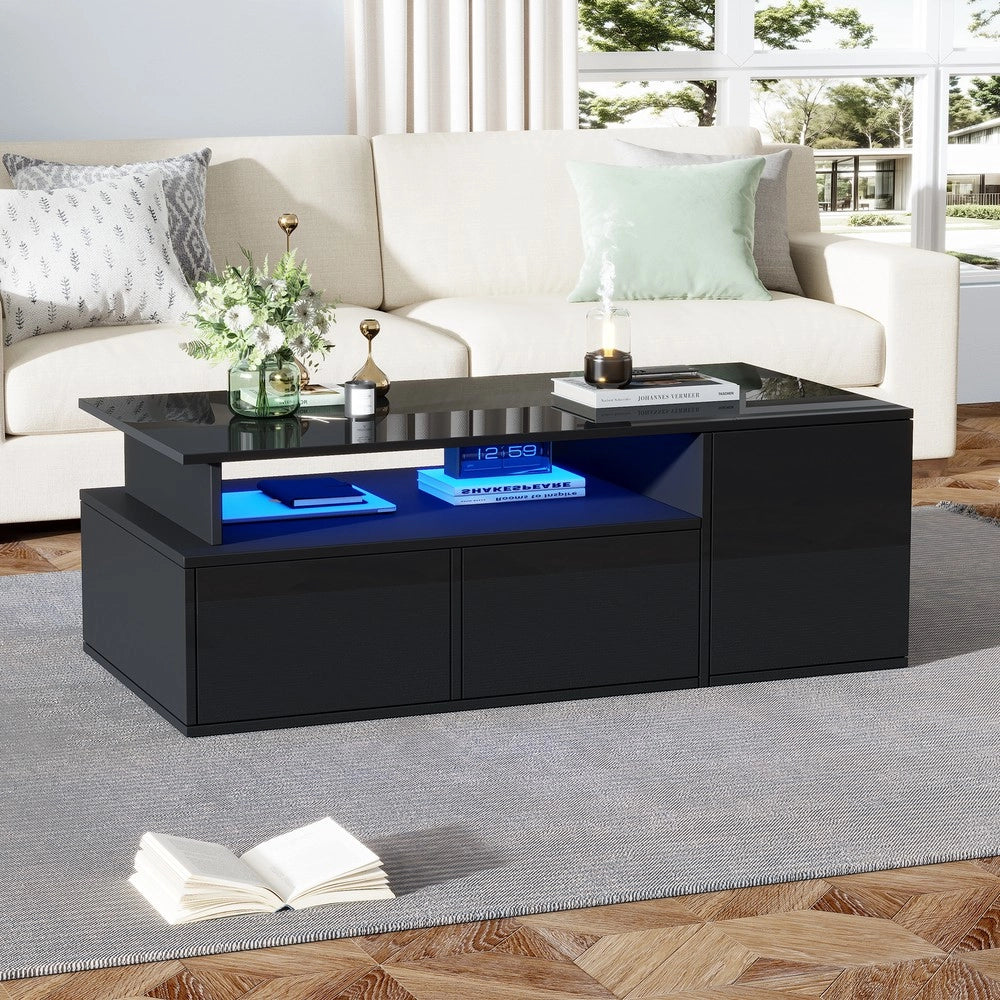 Tavolino da Caff¨¨ con LED e 2 Cassetti ¨C MINIMAL ¨C Nero, 100x50x35
