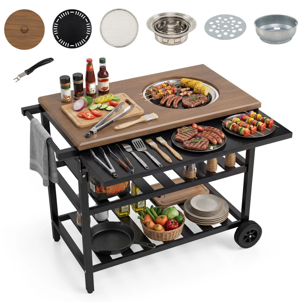 Carrello per barbecue con forno smontabile griglie e teglie in metallo, Carrello cucina da esterno carrellino con ruote