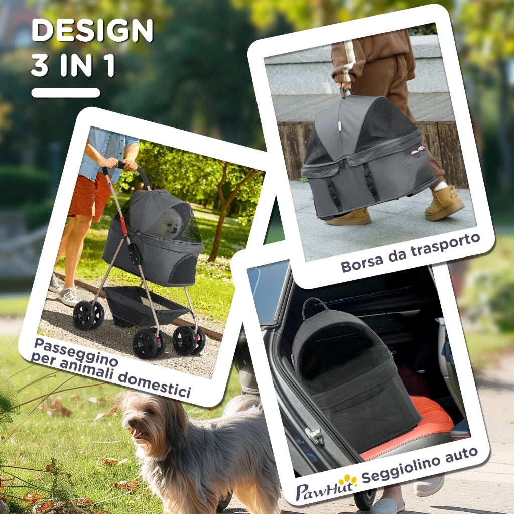 Trasportino Cane Pieghevole 3 in 1 ¨C Minimal ¨C Grigio con Borsa e Cestino