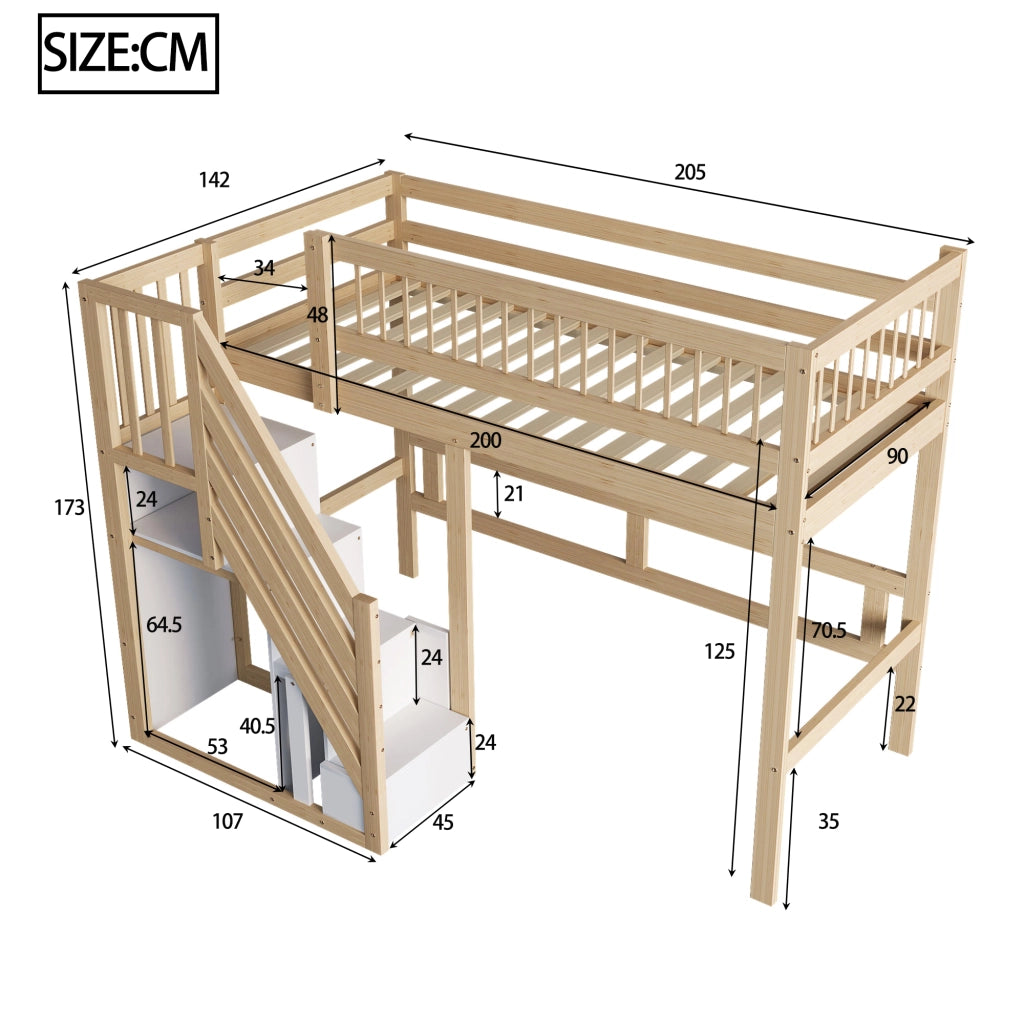 OKWISH Letto a Soppalco 90×200 cm, Letto Singolo con Scala Contenitore e Sponda, senza Materasso, in Legno, Naturale