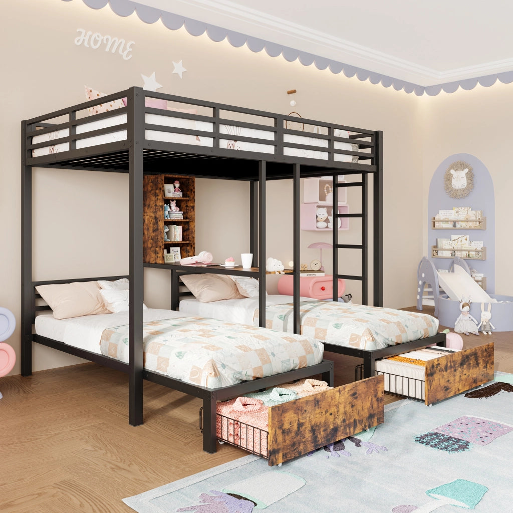 Letto a castello con funzione contenitiva in MDF e metallo 140x200 cm + 90x200 cm