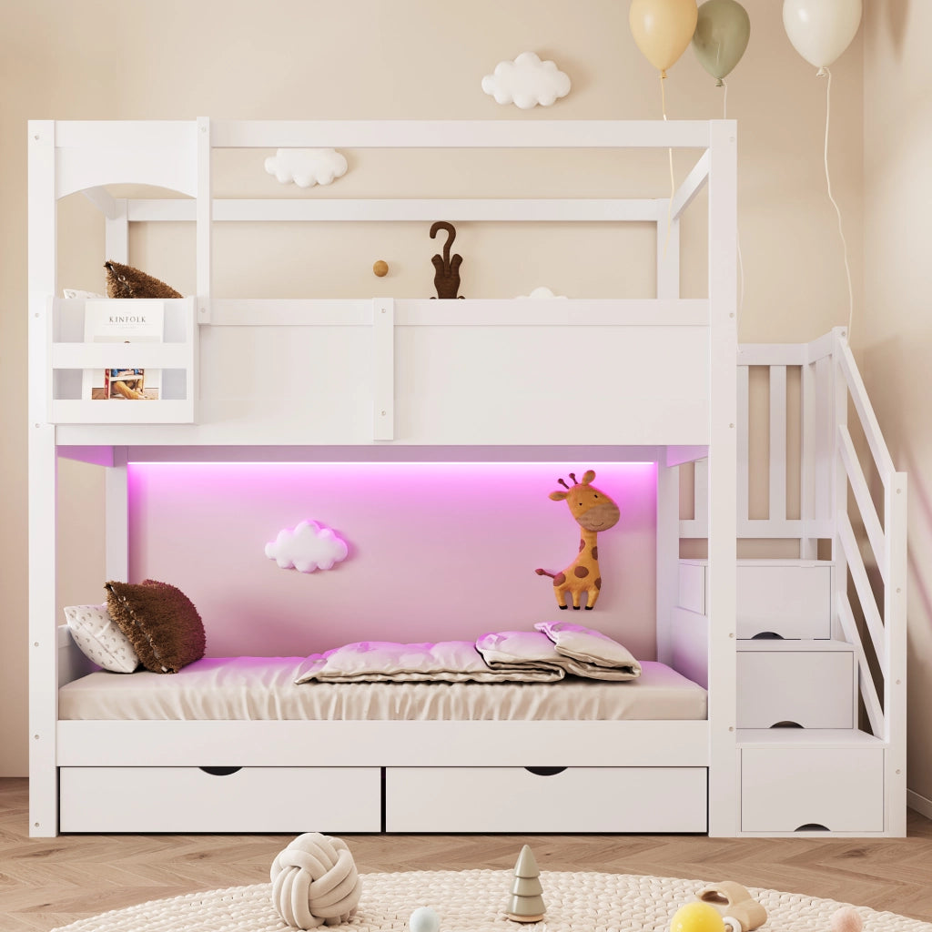 Letto a castello per bambini 90 × 200 cm con lavagna, scala contenitore e 2 cassetti, senza materasso, bianco