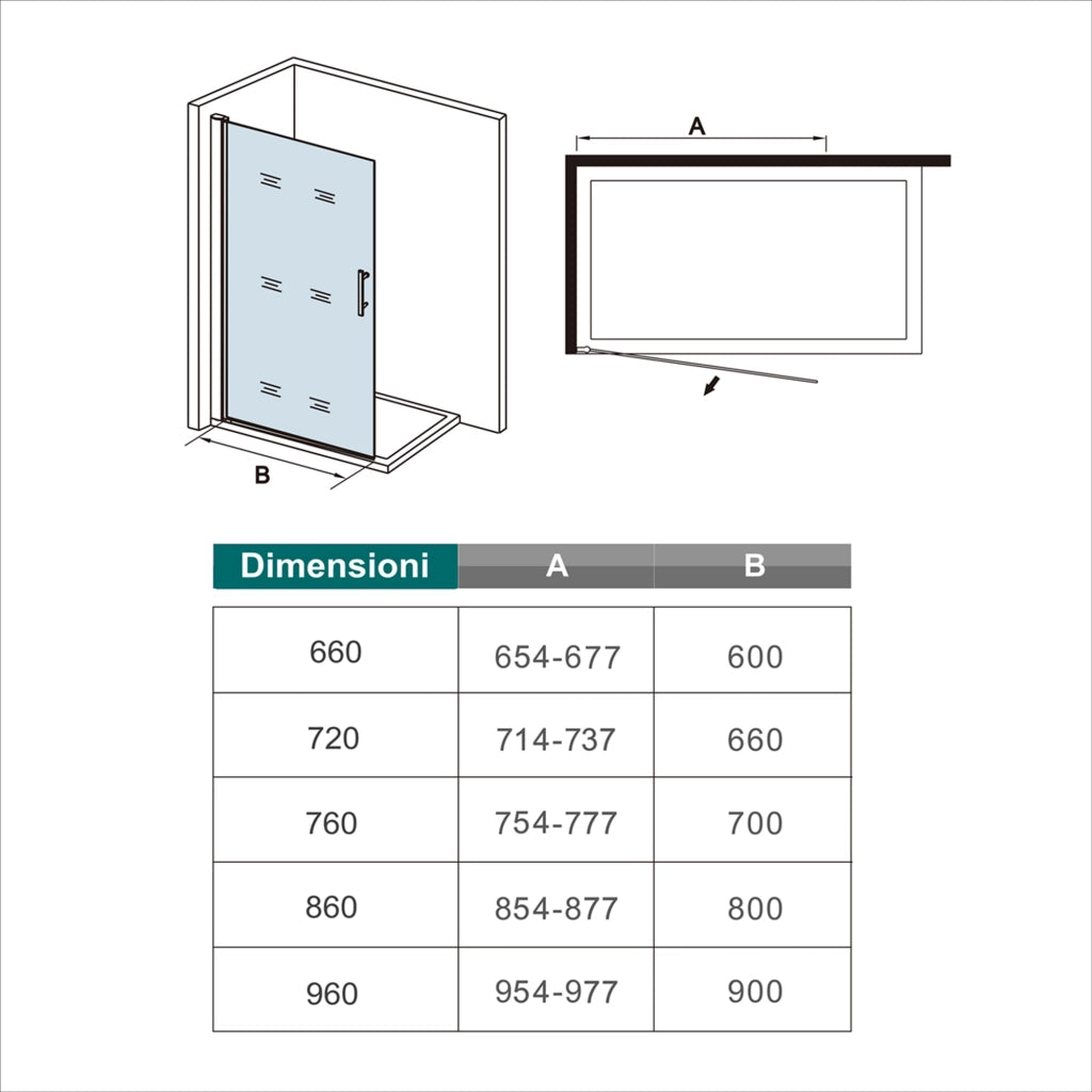 WALK IN Parete Doccia Movibile Pivotante 65x187 cm in Vetro 6 mm Trasparente Temperato Anticalcare Telaio Cromato Lucido