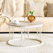 Tavolino basso rotondo in MDF effetto legno con struttura in metallo, per soggiorno, bianco, Ø 70 × 40,5 cm
