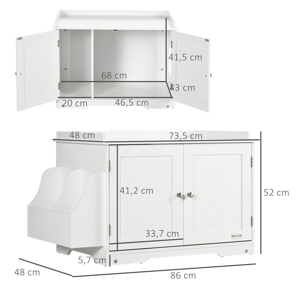 Mobiletto/lettiera per gatti con divisorio regolabile e sportelli magnetici, bianco, 86x48x52 cm, per una gestione elegante del gatto.