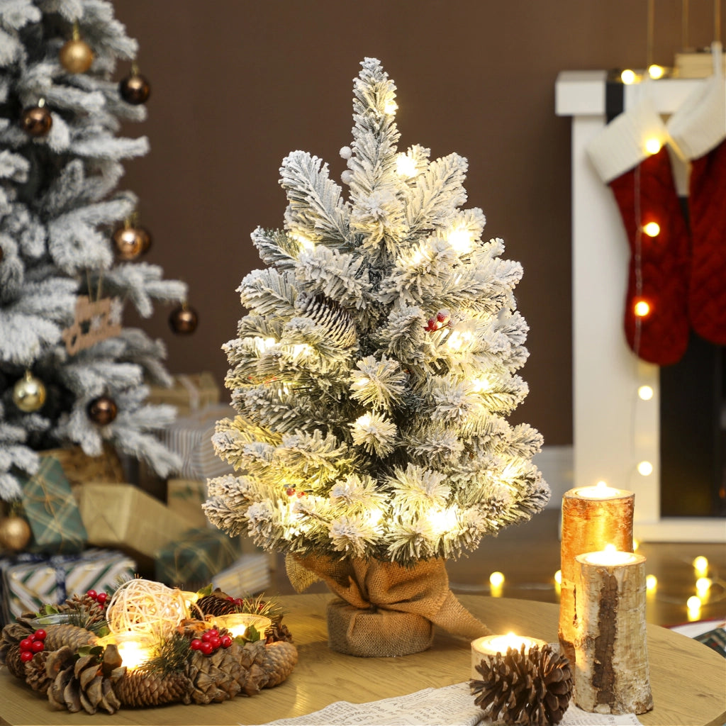 Albero di Natale Artificiale 60 cm con Luci LED e Base ¨C zephmum ¨C Verde con Neve