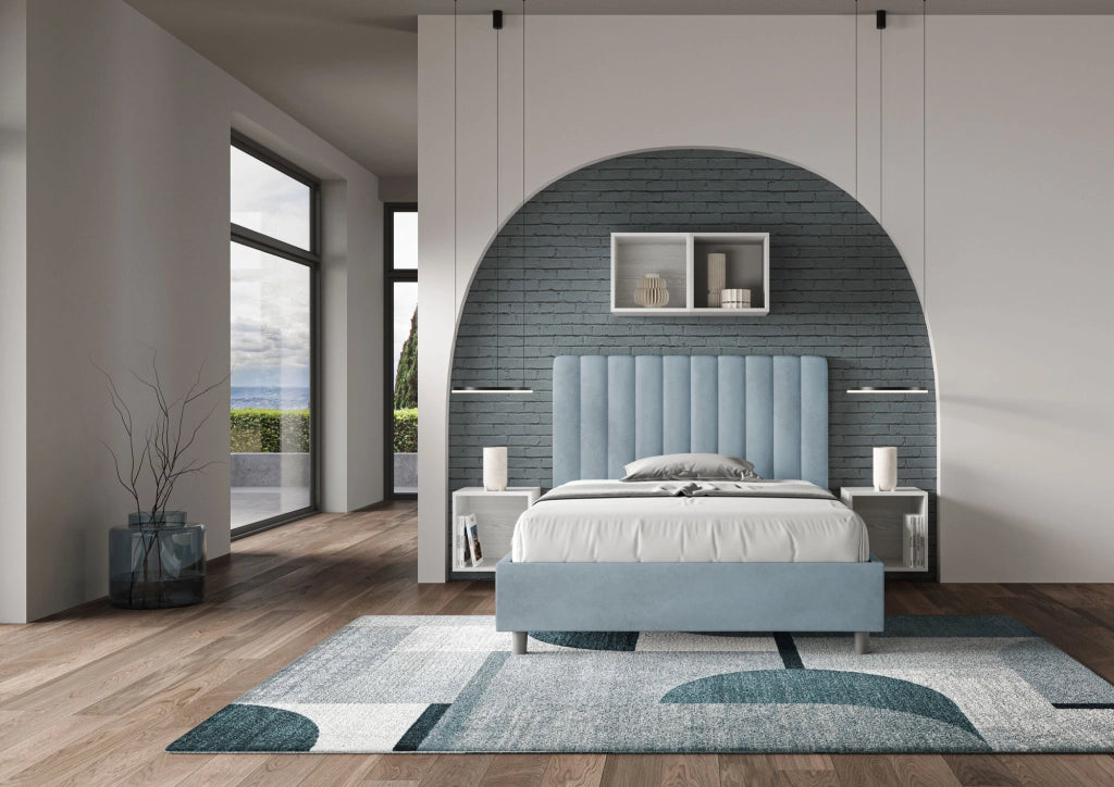BS COM Letto una piazza e mezza con rete imbottito 120x200 microfibra azzurro