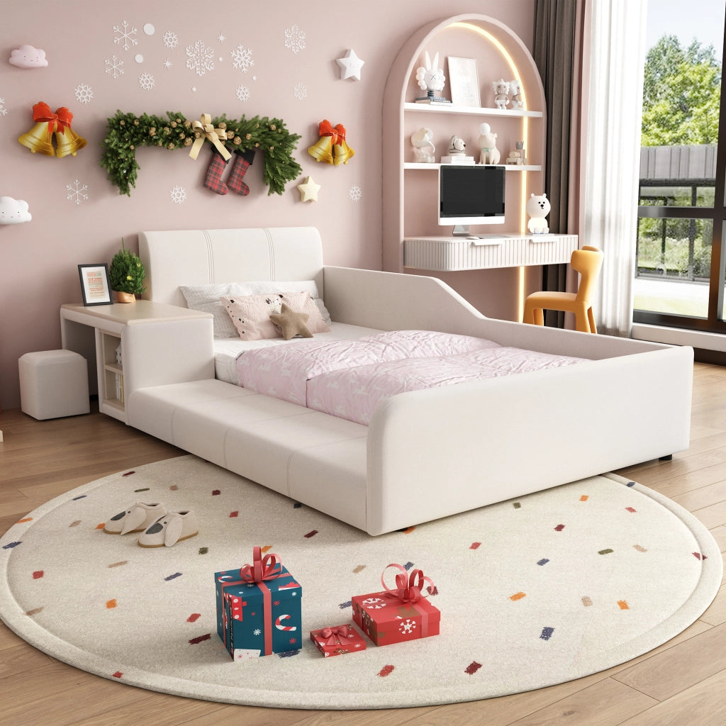 LETTO singolo 90x200 cm in velluto bianco con scrivania e sgabello