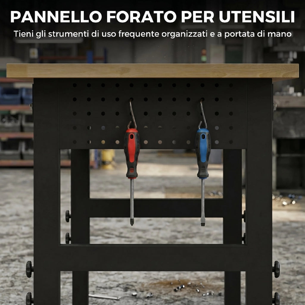 Banco da Lavoro Regolabile ¨C Xylo ¨C Legno e Acciaio, 2 Prese AC, 900 kg