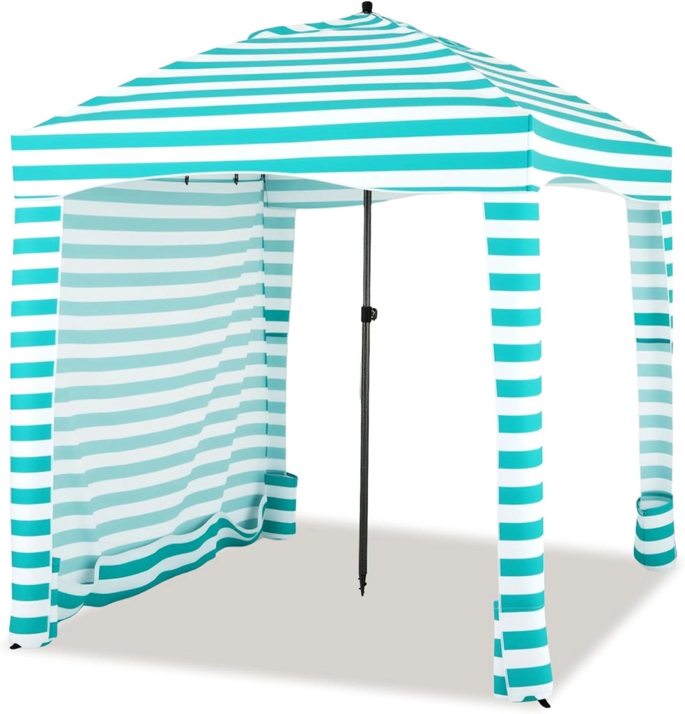 Tenda da Spiaggia Pieghevole 183 x 183 cm, Tenda da Mare con Borsa di Trasporto, Parete Removibile e 8 Tasche per Sabbia, per Spiaggia, Campeggio e Picnic (Verde e Bianco, 183 x 183 cm)