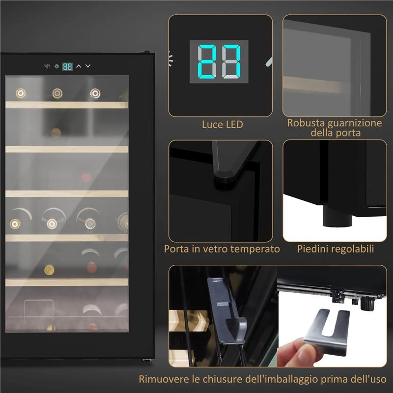 CANTINETTA VINO FRIGO PER 24 BOTTIGLIE CAPACITÀ 65L CONTROLLO TEMPERATURA E RIPIANI ESTRAIBILI NERO 43X45X75 CM