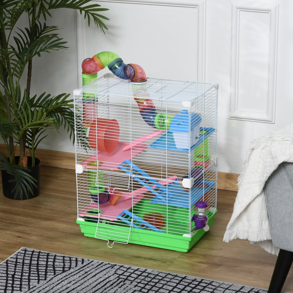 Gabbia per Criceti a 5 Livelli con Tubi, Ruota, Casetta, Scale e Bottiglia, Gabbietta per Roditori in Metallo e Plastica, 46x30x58 cm, Verde
