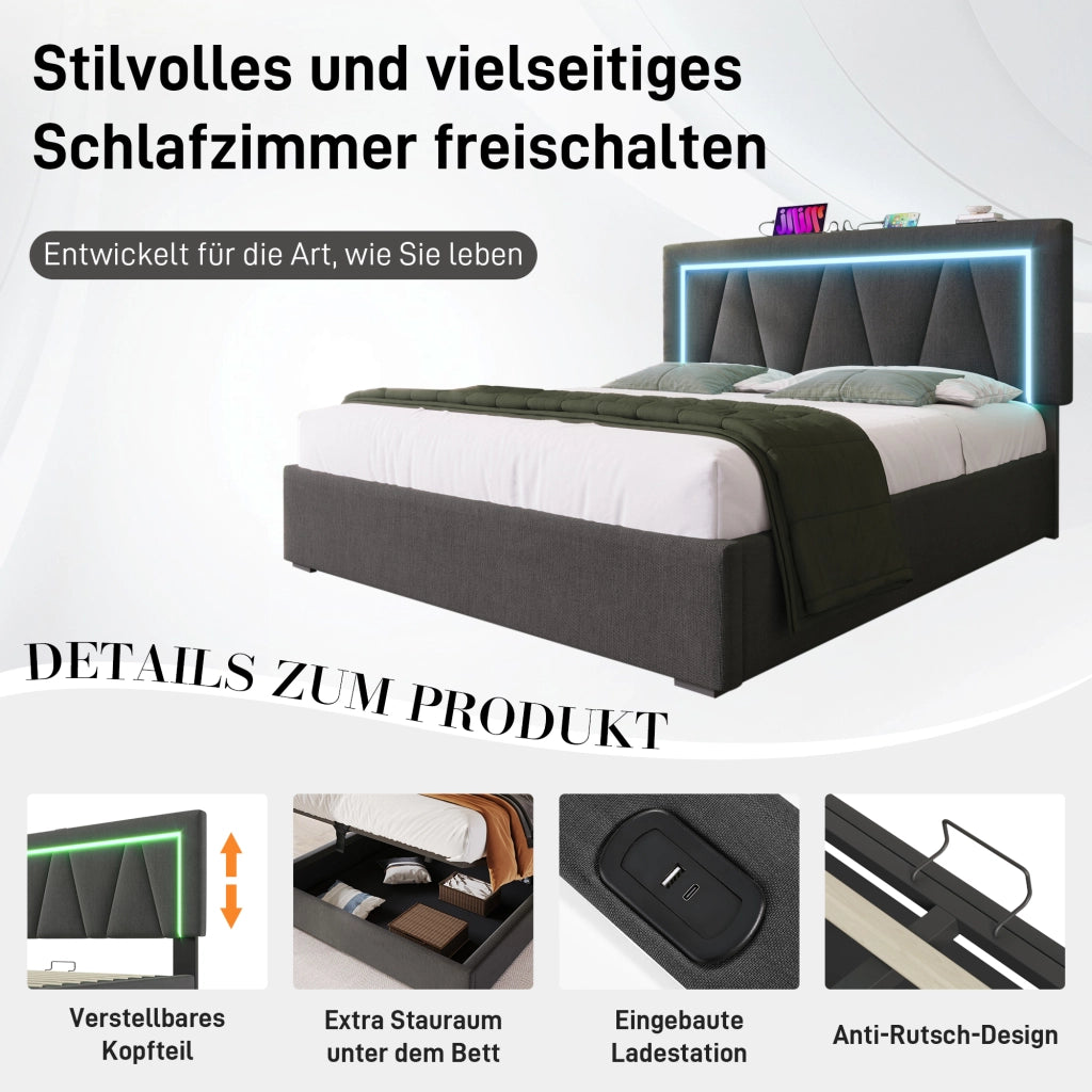 letto imbottito lino grigio 140 x 200 cm