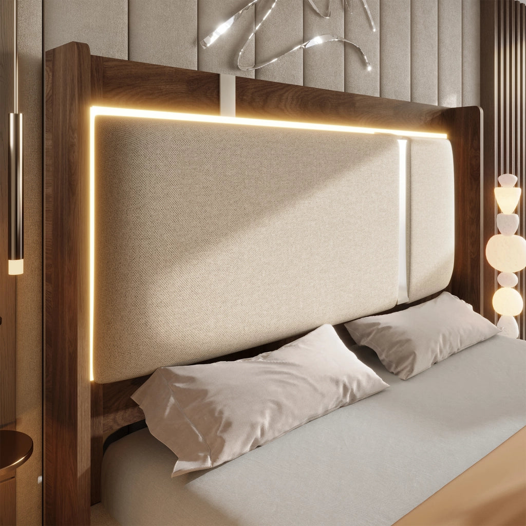 DESMIU Letto Contenitore 140 × 200 cm 2 Posti con LED, Contenitore Idraulico e senza Materasso, in Lino, Beige
