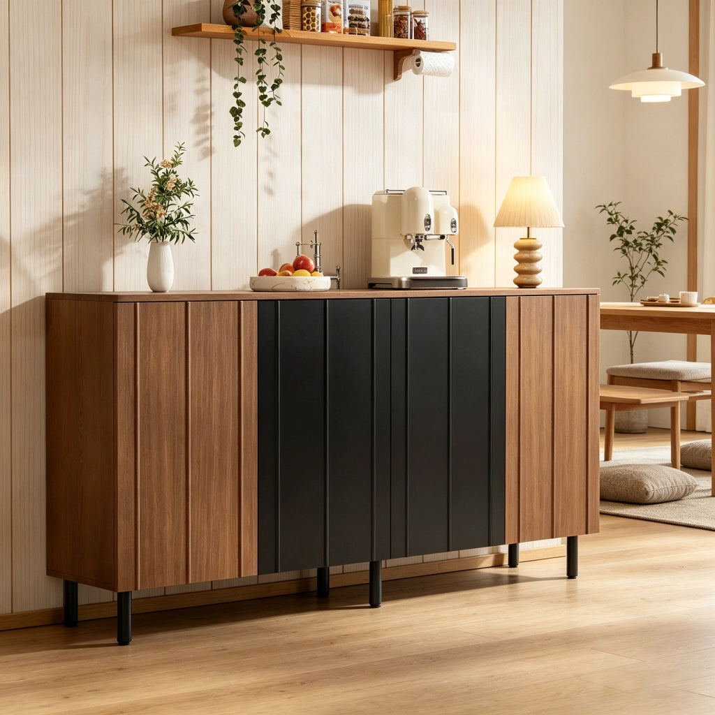 BUFFET 160x35x80 cm in Truciolato Noce e Nero con 4 Ante