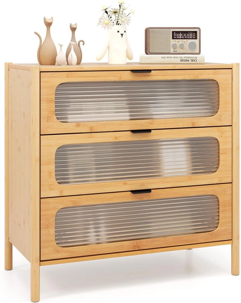Cassettiera a 3 Cassetti in Bambù e Vetro Temperato, Cassettiera Salvaspazio per Camera da Letto, Credenza per Soggiorno, Ingresso e Corridoio, 80 x 40 x 78,5 cm, Naturale