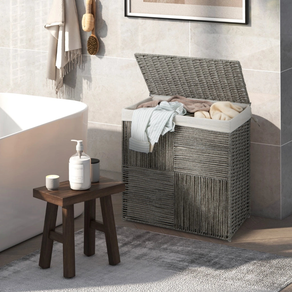 Cesto per il bucato da 110L con coperchio-Cesto per il bucato intrecciato a mano in rattan con comode maniglie Grigio