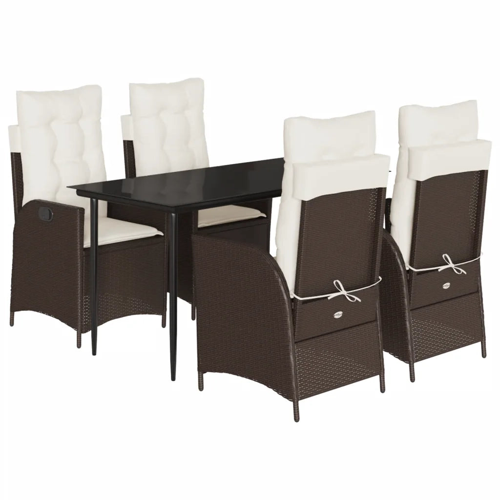 Set da Pranzo da Giardino 5pz con Cuscini in Polyrattan Marrone